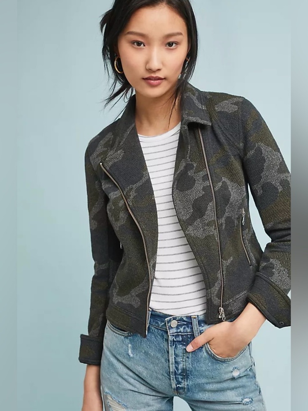 Anthropologie Camo Moto Jacket Women’s Size M. Soft Zip Up Fleece
